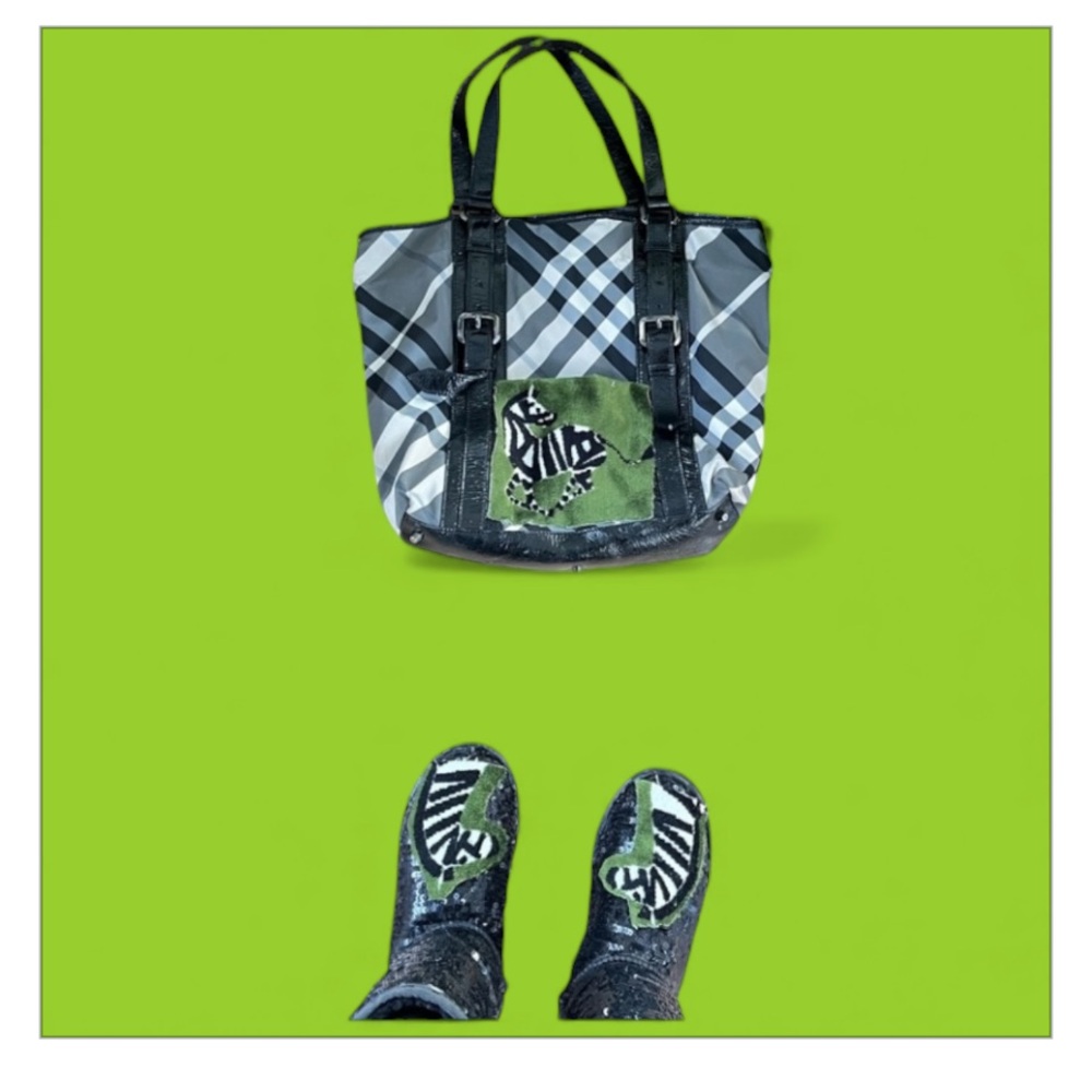 Stylish Black and Green Women's Tote Bag Custom Made Tiger Detail Pocket